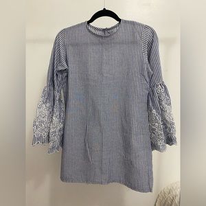 Linen striped blouse with embroidered bell sleeves